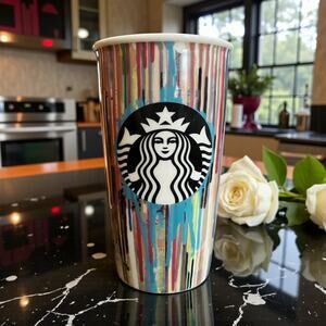 Starbucks 2015 Paint Drip Striped Ceramic Tumbler Mug w Lid 12oz EUC